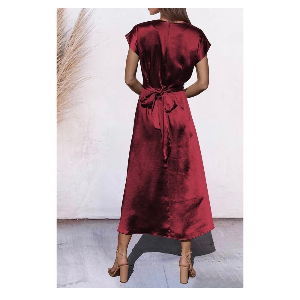 PrettyGarden Wine Red Satin Wrap Midi Dress Cocktail Party Cap Sleeve Medium - Picture 2 of 6